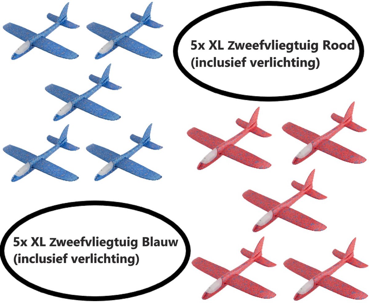 Grafix XXL Zweefvlieger pakket | 10 XL zweefvliegtuig wegwerp blauw & rood | Inclusief Verlichting | Zweefvliegtuig speelgoed | Speelgoedvliegtuigen | Foam vliegtuig